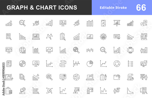Graph and Chart icons set. Graph, finance report, income growth, economy statistic, gantt diagram, infographic, data visualization. Outline signs of analytic. Editable Stroke. Vector illustration
