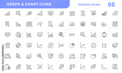 Graph and Chart icons set. Graph, finance report, income growth, economy statistic, gantt diagram, infographic, data visualization. Outline signs of analytic. Editable Stroke. Vector illustration