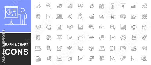 Graph and Chart icons set. Graph, finance report, income growth, economy statistic, gantt diagram, infographic, data visualization. Outline signs of analytic. Editable Stroke. Vector illustration