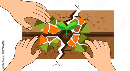 Collaboration for Growth: Hands Nurturing a Green Sprout Rising from Cracked Earth and Broken Ground. Sustainable Development and Hope Concept.