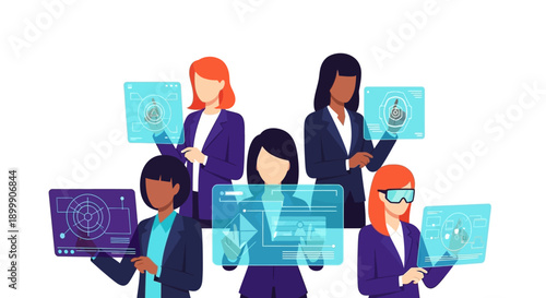 Diverse professional women team collaborating with futuristic holographic interfaces, augmented reality (AR) data screens, and modern business technology.
