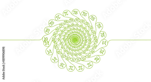 Continuous Line Art Spiral Design Made of Pi Symbols and Numbers on White Background, Mathematical Constant Concept, Education Vector Illustration.