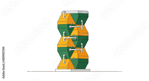 Clean vector illustration of a modular vertical farming system with stacked hexagonal hydroponic pods, representing sustainable urban agriculture technology.