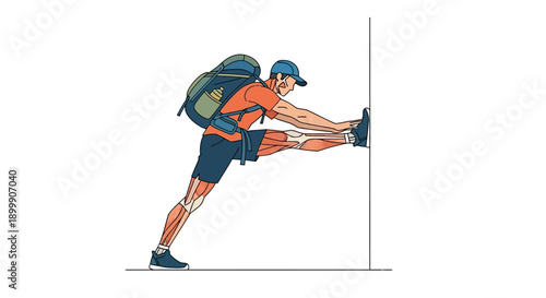 Anatomical Illustration of Hiker Stretching Hamstring and Calf Muscles. Biomechanics, Muscle Diagram, Fitness and Hiking Injury Prevention.