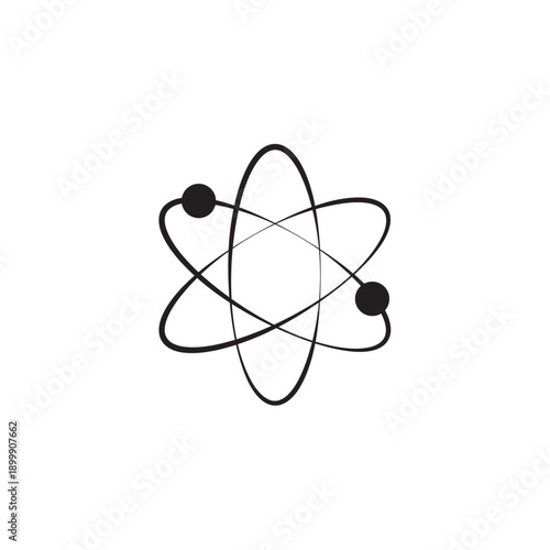 Minimalist atom symbol vector icon. Black science logo with electron orbits. Physics, chemistry, and nuclear energy education sign.