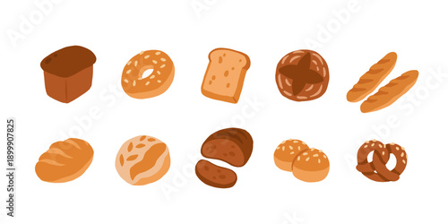 Bakery and pastry icons set. Patisserie assortment. Croissant, baguette, roll, bun and cookie, muffin, sourdough bread. Flat vector illustration isolated on white background