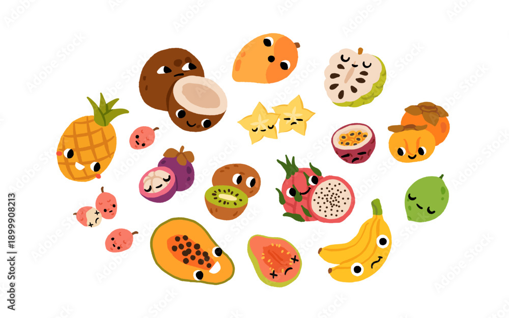 Fototapeta premium Cute tropical fruit guava, mango, soursop, pineapple, passion fruit, coconut clip art