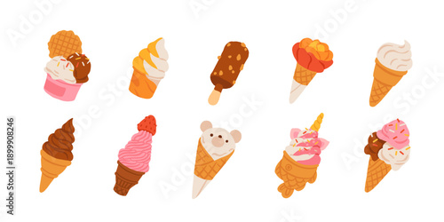 Cute Ice Cream Vector Set. Flat Cartoon Popsicles, Cones and Frozen Desserts Collection. Sweet Summer Treats Illustration for Menu, Stickers, Patterns, Kids Design