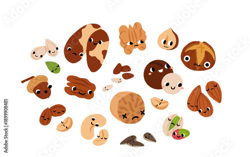 Set of cute nuts, cashew, walnut, almond, hazelnut, peanut cartoon
