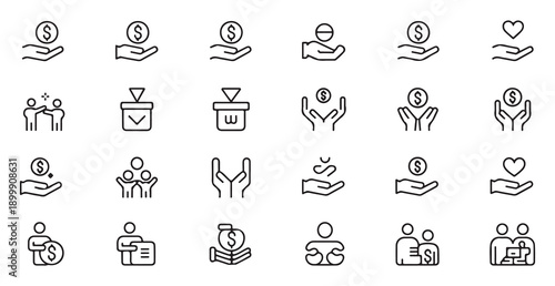 Set of 24 donate and charity line icons; such as hand with coin, people holding heart, and donation box
