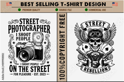Tshirt design with two graphic elements  street photographer camera and skull with guns and wings emblem  isolated on transparent background