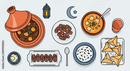 Top View of Ramadan Iftar Food Table with Tagine Dates Soup and Samosas in Flat Vector Style