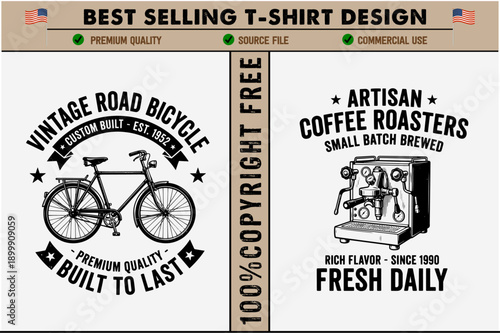 Vintage t-shirt design bicycle and coffee roaster illustration with text for tshirt design with premium quality and copyright free graphic elements