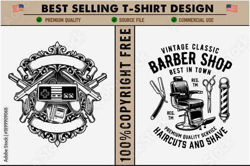 Vintage t-shirt design barber shop logos with retro style elements and classic designs for haircut and shaving services in a traditional gentlemans salon setting