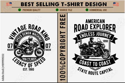 Vintage t-shirt design motorcycle logos with riders in black and white design elements for tshirt printing and apparel isolated on transparent background