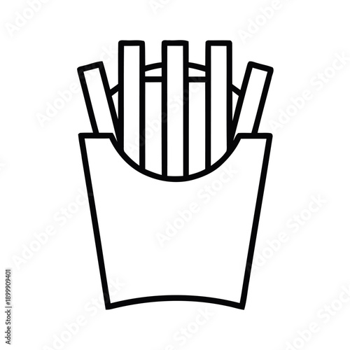 Black and white line art icon of french fries in a container, ideal for coloring pages or minimalist menu design.