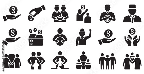 Islamic zakat and charity icon collection featuring alms giving hands and muslim figures for religious aid