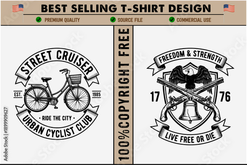Vintagestyle graphic designs for tshirts featuring urban cyclist club and freedom emblems with patriotic elements and inspirational phrases