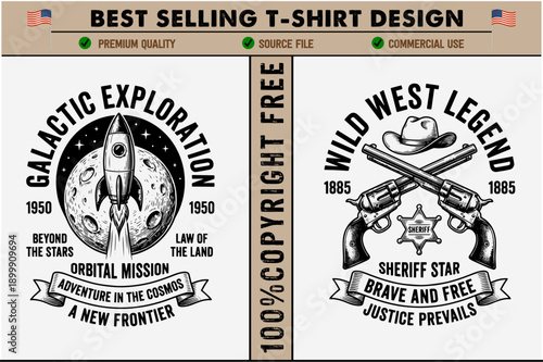 Vintagestyle tshirt designs featuring galactic exploration and wild west legend themes with handdrawn illustrations and typography isolated on white background