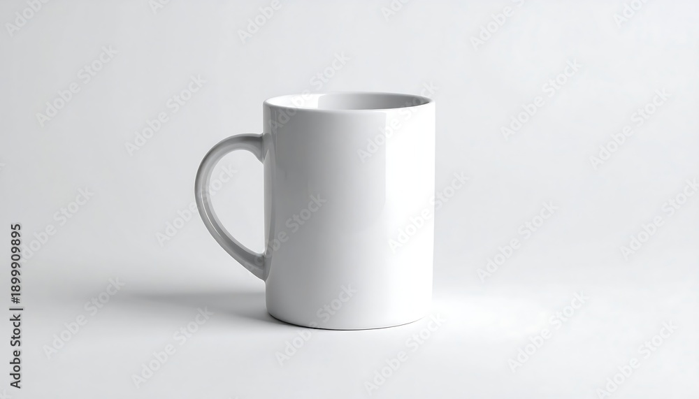 Obraz premium A plain, white ceramic mug with a curved handle stands on a bright white surface, subtly lit with shadows for depth. The design is simple, minimalist, and clean