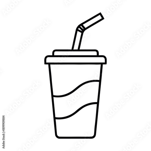 Minimalist line art drawing of a disposable soda cup with a lid and flexible straw, perfect for icons or coloring.