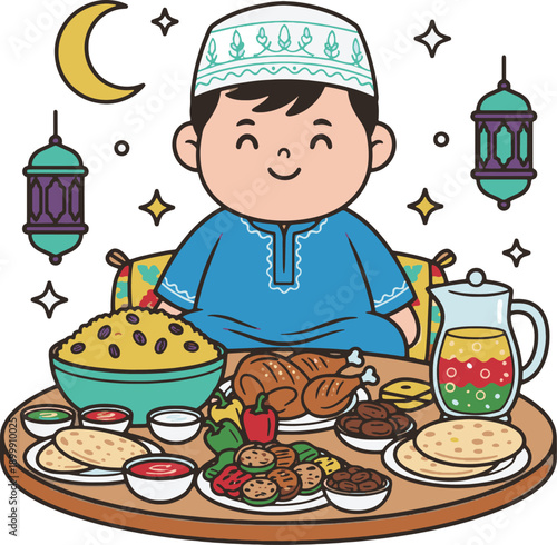 Cute Muslim Boy Sitting at Iftar Table with Traditional Food