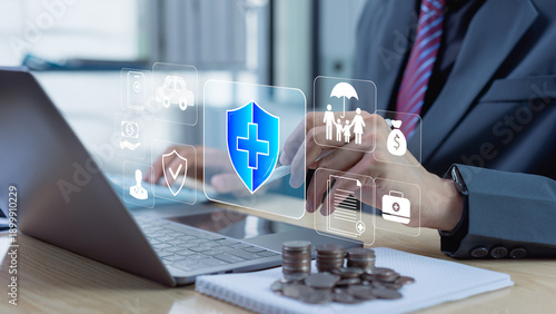 Insurance protection and financial planning concept with security shield, coverage for home, car, travel, health and family, safety assurance and contract management.