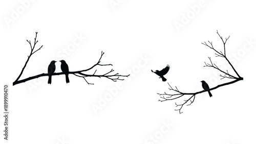 Silhouette of birds perched on branches with one bird in flight Vector
