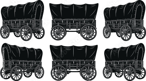 covered wagon western pioneer transport vintage wooden cart old frontier travel historical vehicle silhouette vector illustration