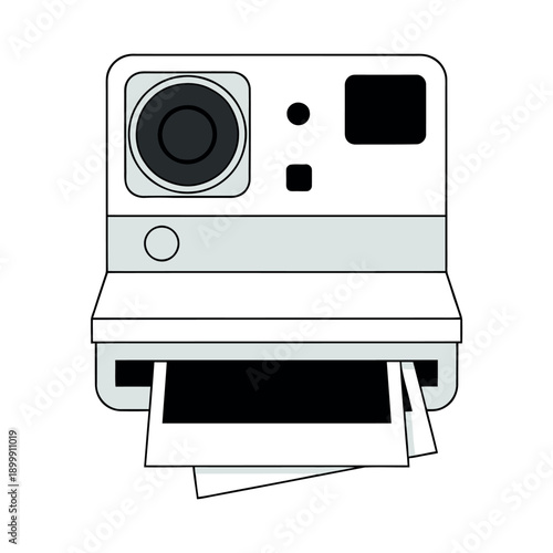 Flat vector illustration of a vintage instant camera with photo prints emerging. Retro technology icon in grey and black.