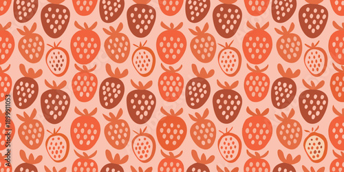 A seamless pattern of stylized strawberries in shades of pink and red