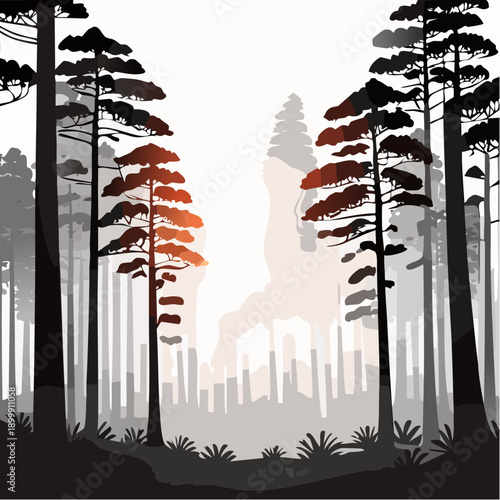 Sunlight filtering through towering redwood trees in a lush forest during early morning hours