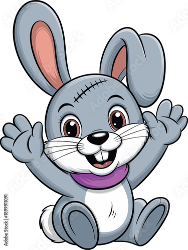Gray rabbit, large ears, stitched forehead, purple scarf, cheerful smile, front teeth, pink ears, white belly, mascot, CAD drawing, vector illustration