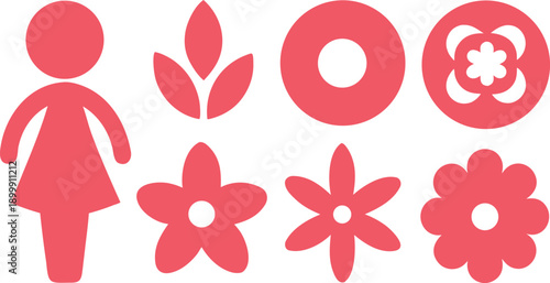 A collection of pink graphic elements including a woman silhouette and various floral and circular designs Vector, illustration