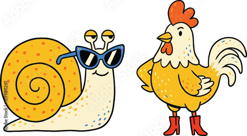 Funny Snail and Chicken Characters Wearing Sunglasses and Heels, Cute Animal Vector Illustration