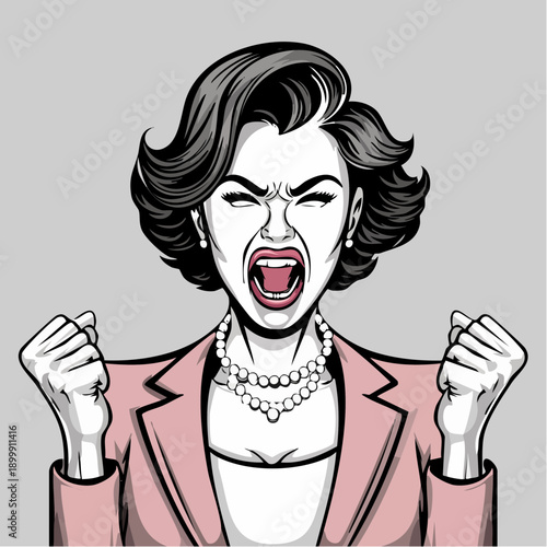 Furious woman with clenched fists yelling and expressing extreme anger in a pale pink blazer and pearl necklace against a plain background