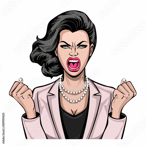 Furious woman with clenched fists yelling and expressing extreme anger in a pale pink blazer and pearl necklace against a plain background