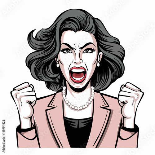 Furious woman with clenched fists yelling and expressing extreme anger in a pale pink blazer and pearl necklace against a plain background