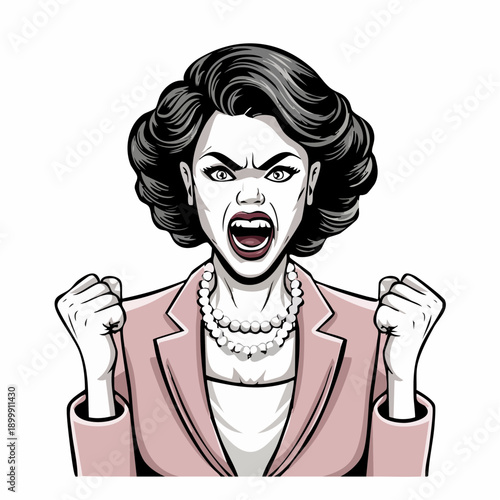 Furious woman with clenched fists yelling and expressing extreme anger in a pale pink blazer and pearl necklace against a plain background