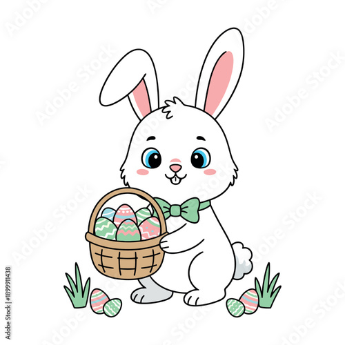 Adorable white cartoon bunny with blue eyes and a green bowtie holding a basket of colorful striped Easter eggs.