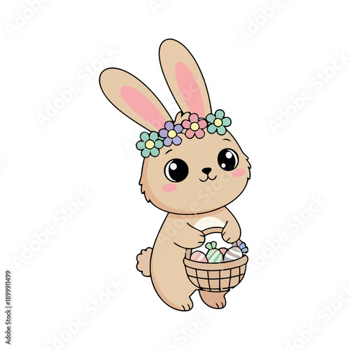 Cute tan bunny character wearing a colorful flower crown and carrying a small basket of Easter eggs.
