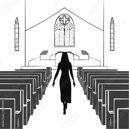Silhouette of a person walking down the aisle of a traditional church towards the altar with a cross stained glass window.