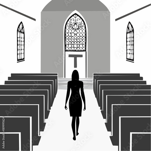Silhouette of a person walking down the aisle of a traditional church towards the altar with a cross stained glass window.