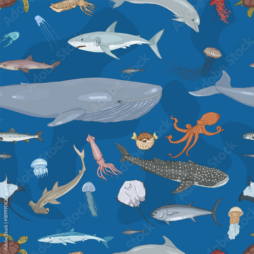 Vector Pattern of Cartoon Sea Animals and Fishes