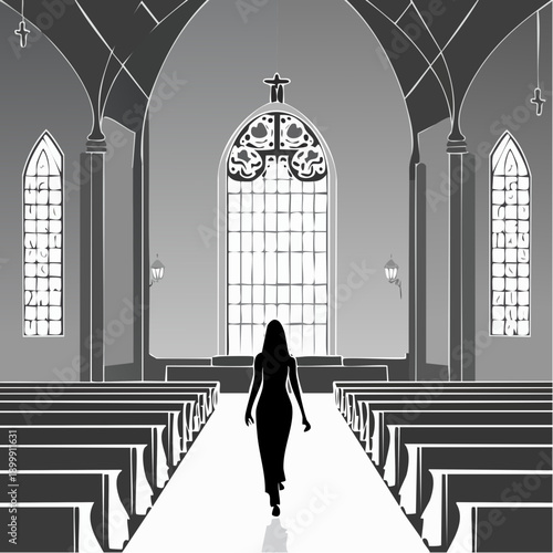 Silhouette of a person walking down the aisle of a traditional church towards the altar with a cross stained glass window.