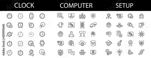 Internet computer web icons . Cyber security, internet connection. Clock icons. Setup and setting icons.