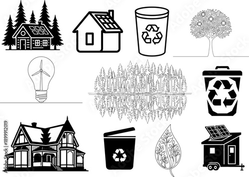 Sustainable Ecology and Modern Living Vector Set: Collection of Black and White Icons Featuring Green Energy, Recycling, Smart Technology Trees, and Off-Grid Housing Designs