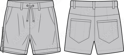 Grey rolled-up shorts with back pockets and drawstring, casual summer wear, women’s fashion shorts, comfortable stylish design, belt loops included.