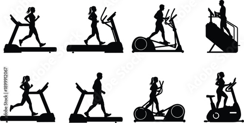 fitness gym workout exercise treadmill cardio training silhouette people icon set