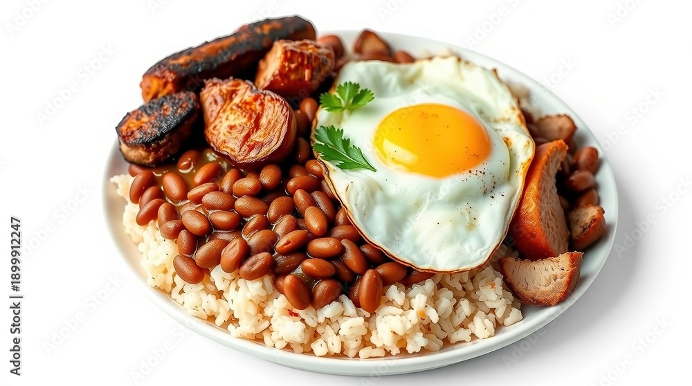Fototapeta premium A plate of traditional Latin American breakfast with beans, rice, egg, and sausage